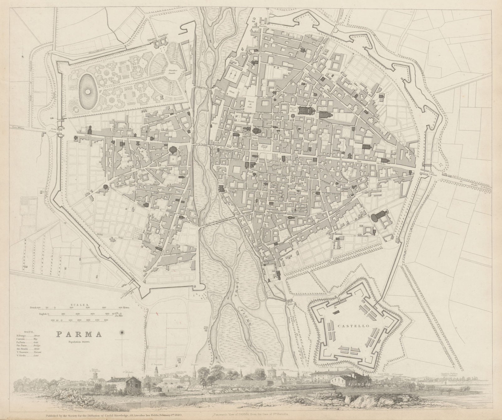 PARMA antique town city map plan & panorama. Parme. Fortifications. SDUK 1844